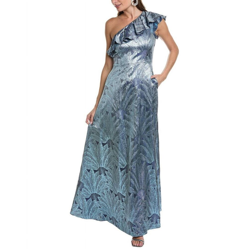 Aidan Mattox One-Shoulder Metallic Blue Patterned Maxi Dress